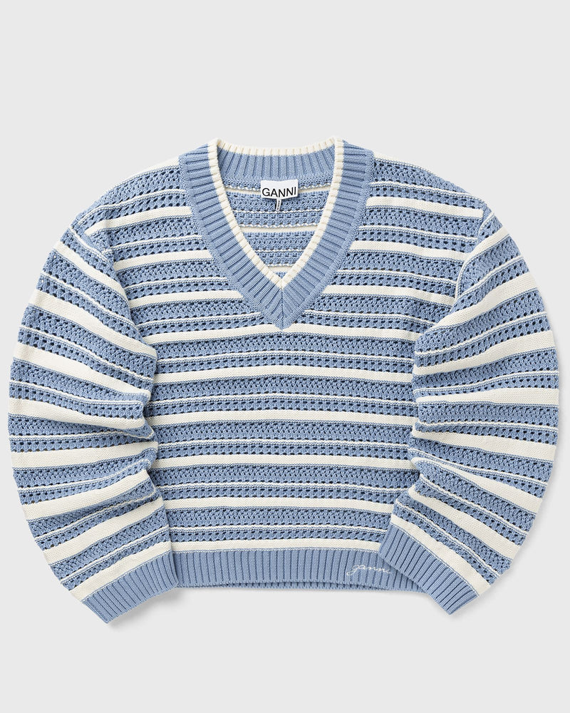 Ganni Striped Cotton Pointelle V-neck blue