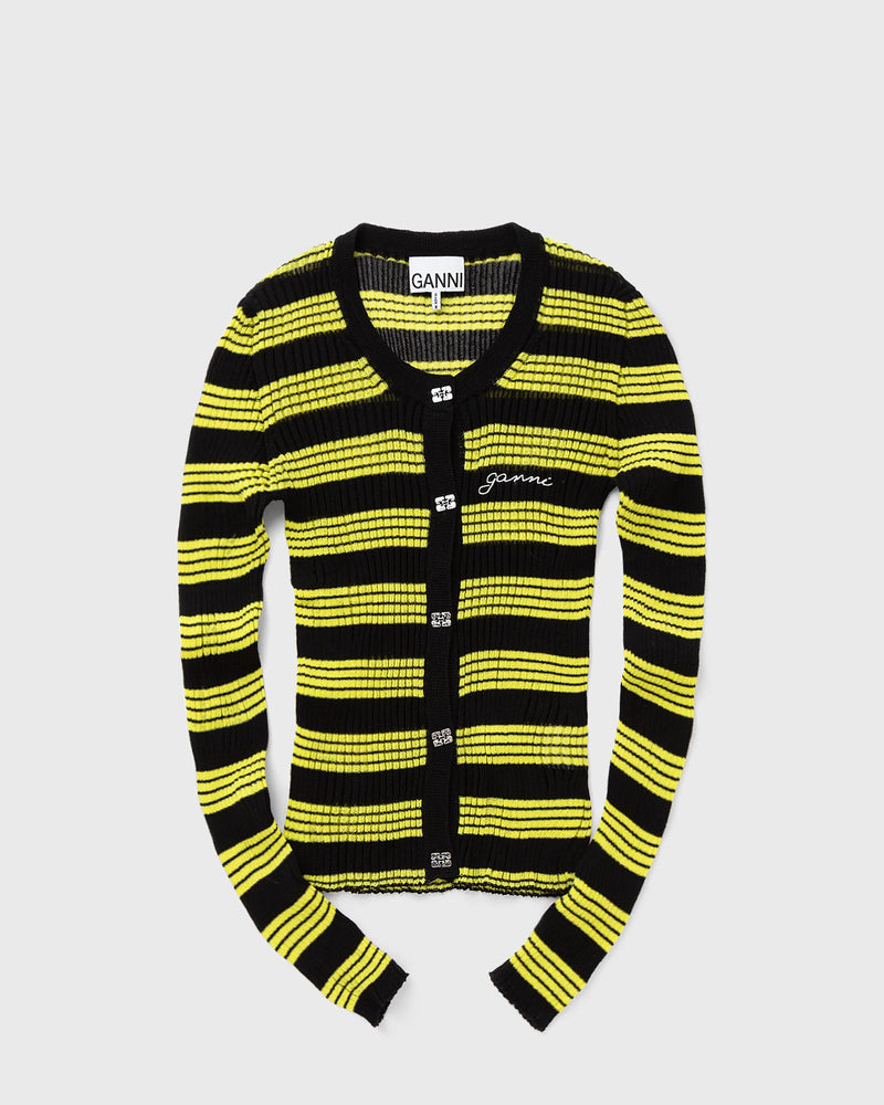 Ganni Sheer Cotton Rib Knit Cardigan black|yellow