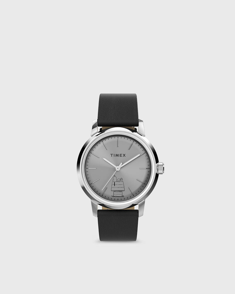 Timex Peanuts Marlin Auto 75th Anniversary - Stainless Steel Case and Black Leather Strap 40mm case black|silver