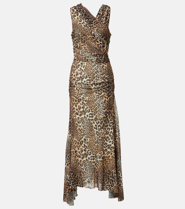 Ganni Ruched leopard-print mesh maxi dress