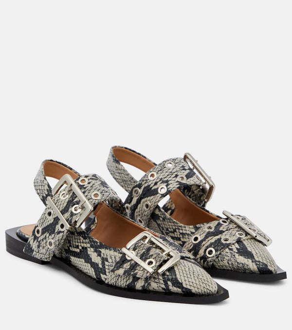 Ganni Snake-effect faux leather ballet flats