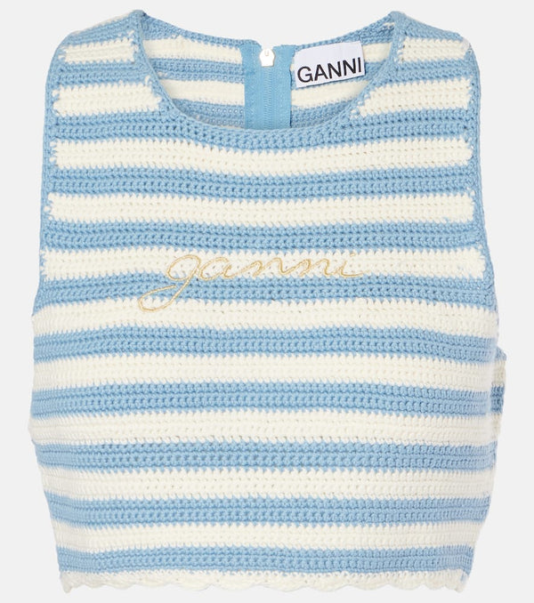 Ganni Striped cotton crochet crop top