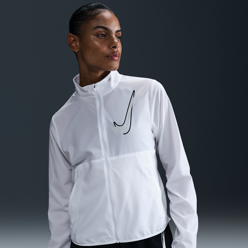 Chamarra de correr Dri-FIT para mujer Nike Swoosh Blanco