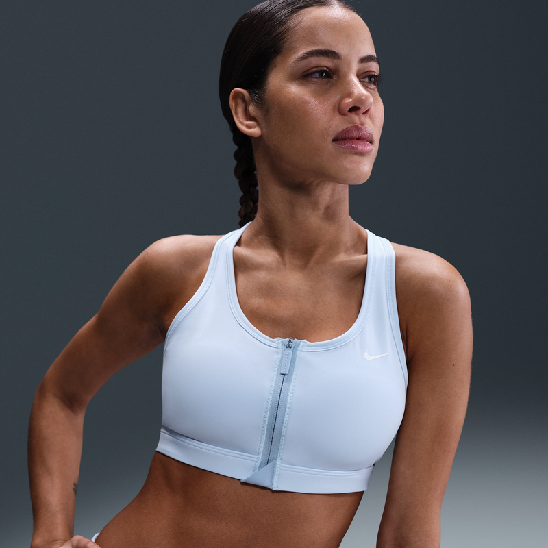 Bra deportivo de media sujeción con almohadillas para mujer Nike Swoosh Front Zip Azul