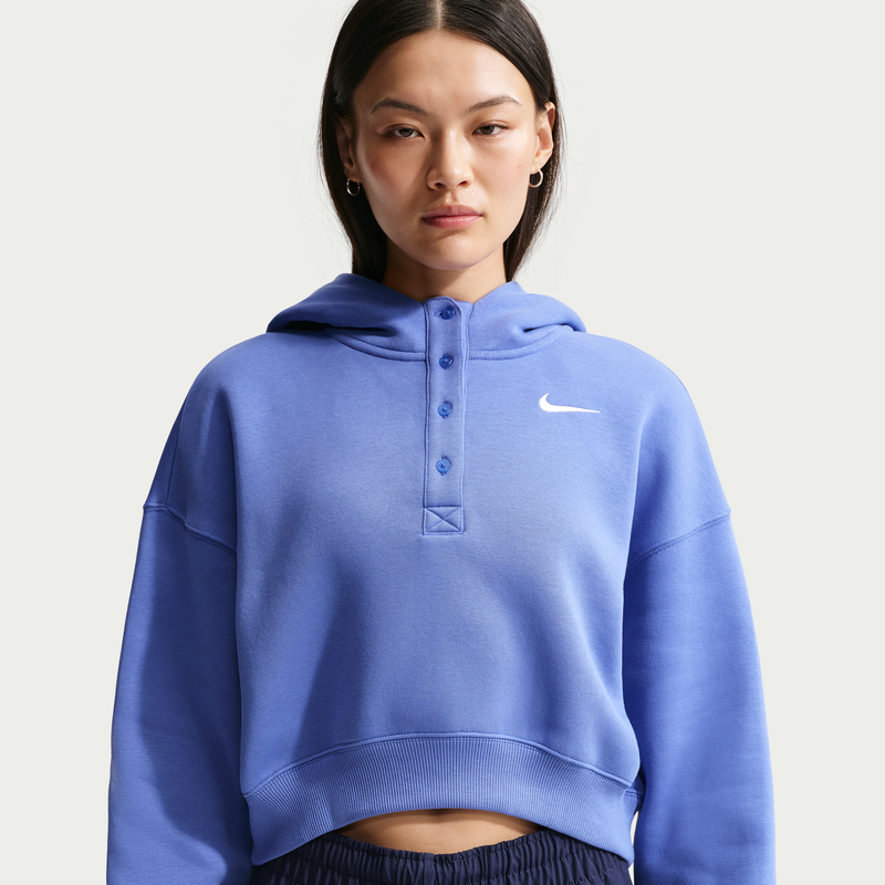 Sudadera con gorro Nike Sportswear oversized cropped Henley de tejido Fleece para mujer Phoenix Azul