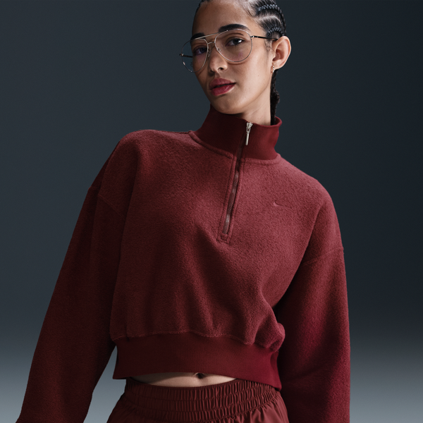 Sudadera De Tejido Fleece Cálido Cropped Con Cierre De 1/4 Oversized Para Mujer Nike Sportswear Phoenix Plush Rojo