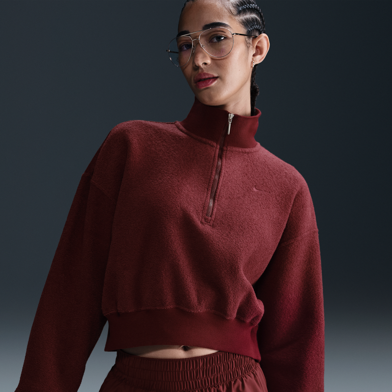 Sudadera De Tejido Fleece Cálido Cropped Con Cierre De 1/4 Oversized Para Mujer Nike Sportswear Phoenix Plush Rojo