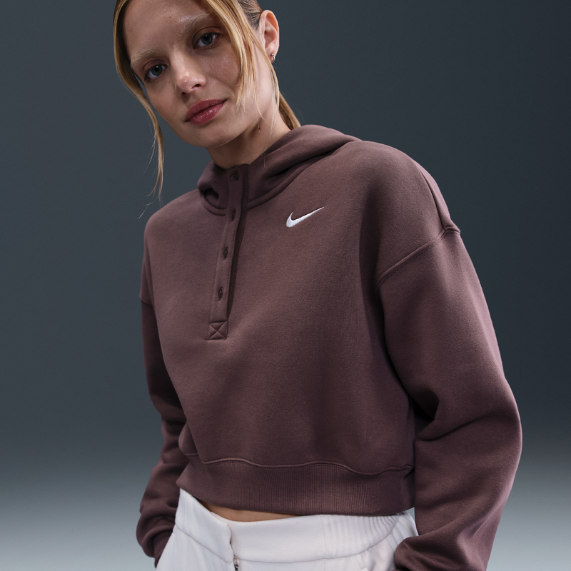 Sudadera con gorro Nike Sportswear oversized cropped Henley de tejido Fleece para mujer Phoenix Morado