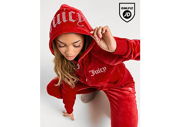 JUICY COUTURE Diamante Logo Velour Full Zip Hoodie Red