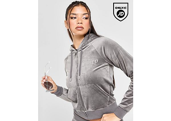 JUICY COUTURE Diamante Logo Velour Full Zip Hoodie Grey