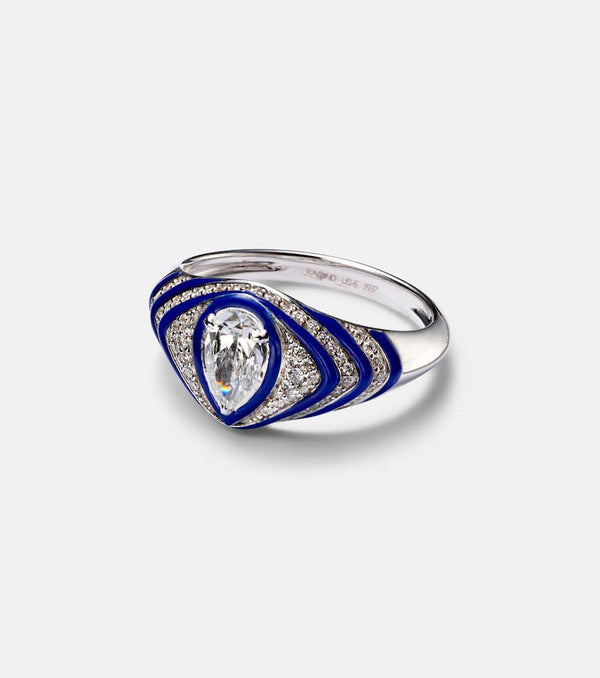 Kamyen Striped Pear 18kt white gold and enamel pinky ring with diamonds