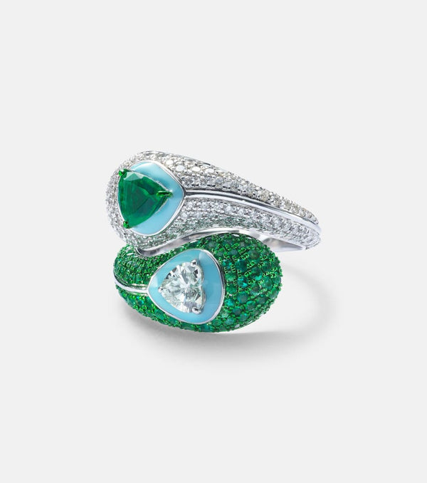 Kamyen Ying Yang 18kt white gold and enamel ring with emeralds and diamonds