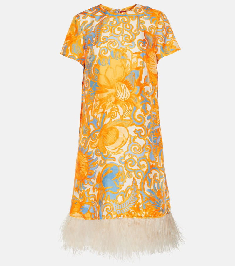 La DoubleJ Printed feather-trimmed silk minidress