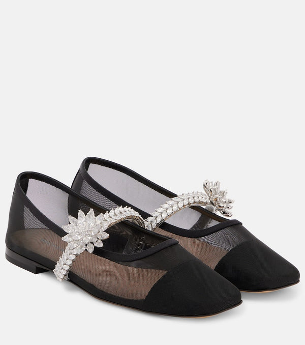 Mach & Mach Crystal Flower embellished mesh ballet flats