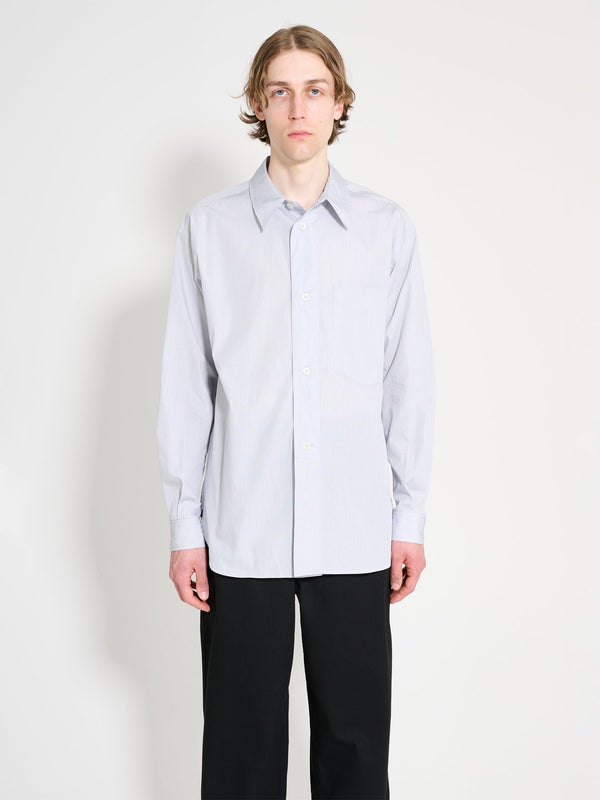 Margaret Howell Half Placket Shirt Fine Stripe Cotton Poplin Grey White