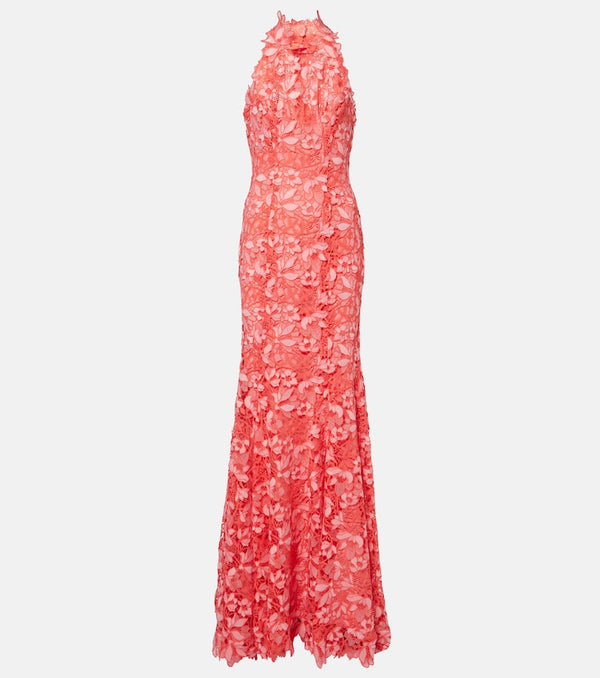 Monique Lhuillier Floral-appliqué halterneck gown