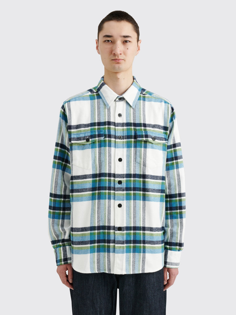 Noah Herringbone Heavyweight Flannel Shirt White Navy