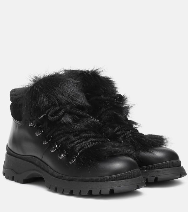 Prada Shearling-trimmed leather ankle boots