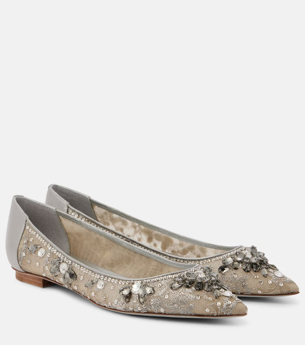 Rene Caovilla Embellished leather-trimmed ballet flats