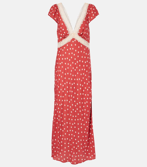 Rixo Iggy polka-dot lace-trimmed satin midi dress