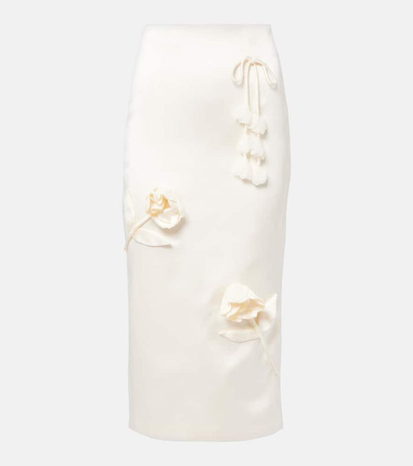 Self-Portrait Floral-appliqué satin midi skirt