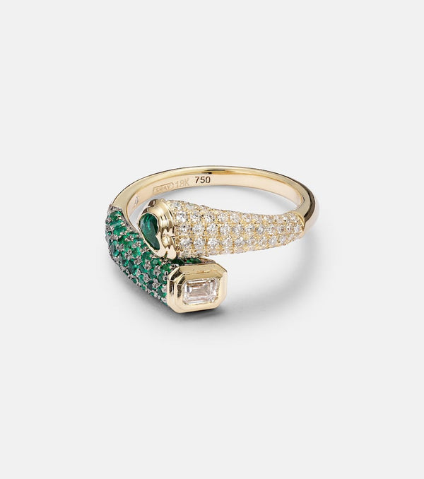 Shay Jewelry Mixed Bypass 18kt gold ring with emeralds and diamonds