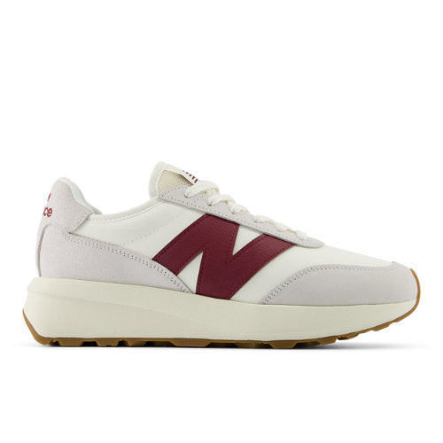 New Balance 370 in White Red Suede Mesh