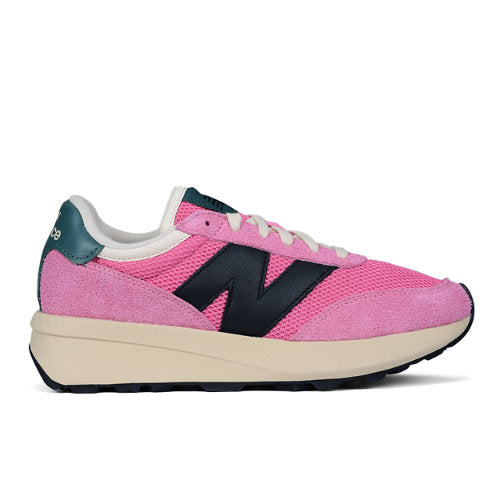 New Balance Unisex 370 in Pink/Black Suede/Mesh, 