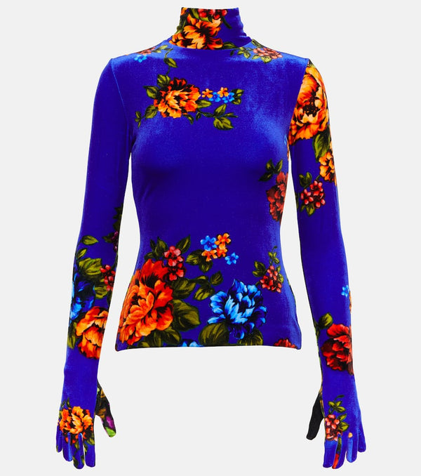 Vetements Floral velvet turtleneck top with gloves