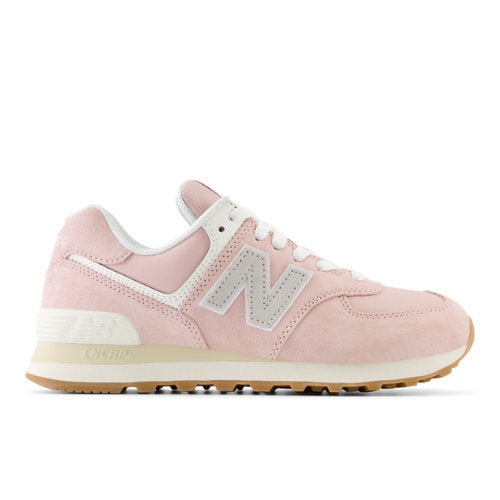 New Balance Women's 574 in Pink/Grey Leather, Narrow