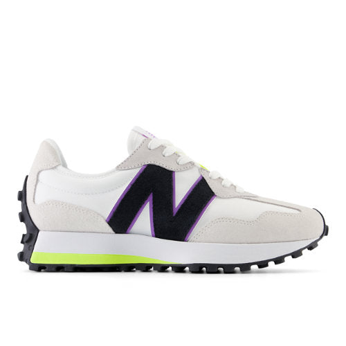 New Balance Women's 327 in White/Yellow/Purple Suede/Mesh, Narrow